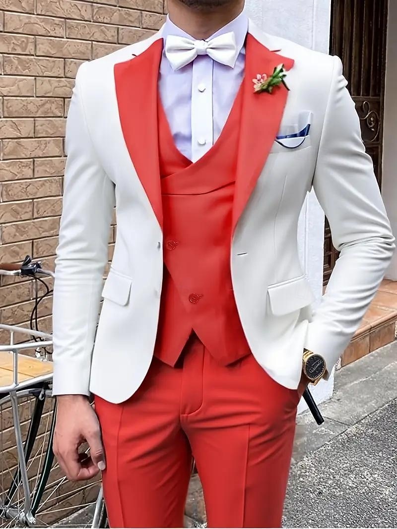 2026年 男性用 パーティースーツ 結婚式 舞台 イエロー ルビーレッド 春、夏、秋、冬 スーツ ノッチドラペル ファッション パッチワーク スリムフィット 3点セット シングルブレスト 一つボタン  コレクション – $120.99 –P2