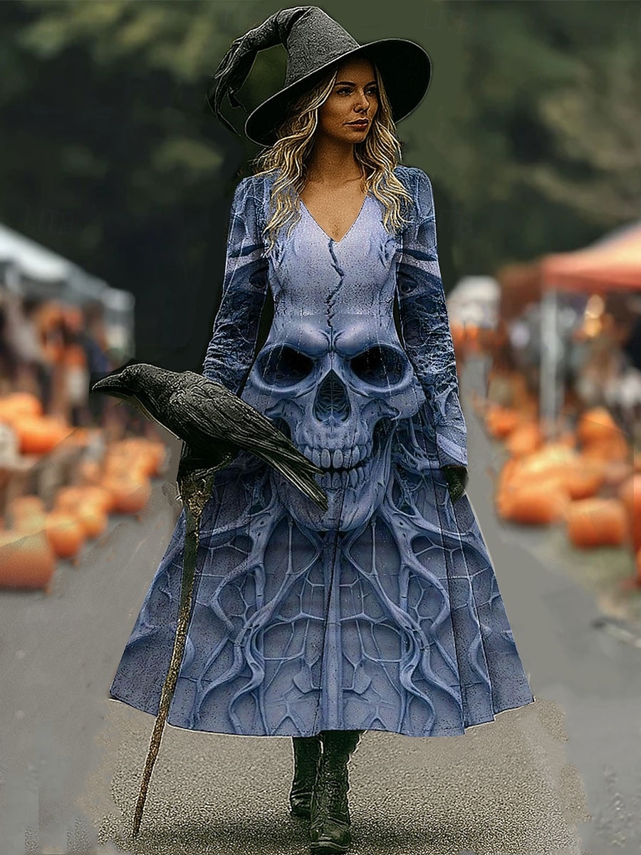 Halloween Per donna Abito Midi Abito a trapezio Vacanza Casual Quotidiano Ferie Data Vestibilità regolare Grafico Teschio Manica Lunga Scollo a V Giallo Chiaro Blu Viola Verde Autunno Inverno del 2025 a $35.99 –P2
