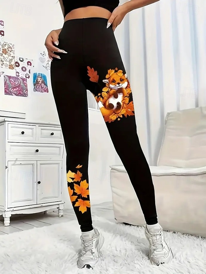 Damskie Getry Urlop Zabytkowe Moda Pełna długość Wysoka talia Kwiaty Graficzny Kształt listka Drukowanie Keep Warm Miękka Oddychający Elastyczny Urlop Ulica Czarny Pomarańczowy Brązowy Wiosna Jesie 2025 - $19.99 –P7