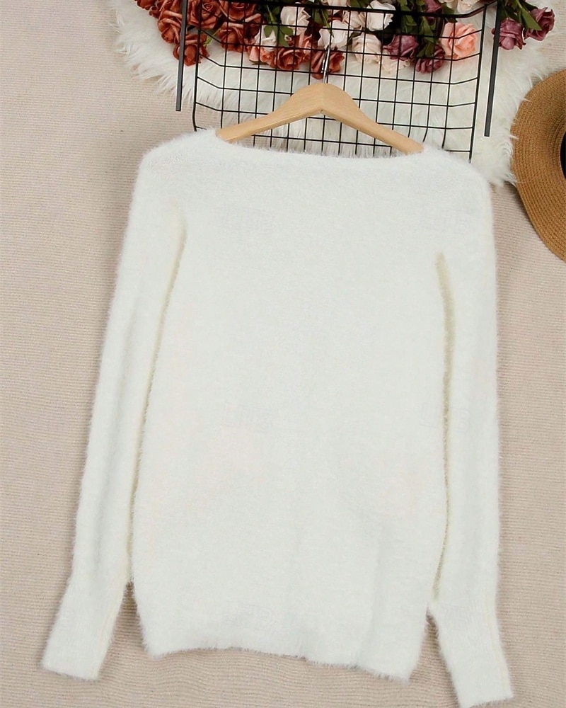 Naisten Neulos Pusero Katutyyli Vapaa-aika Puhdas väri Joustin Tiukka pyöreä kaula-aukko Kudottu Pitkähihainen Tavalliset topit Neuloa ulko- Päivittäin Viikonloppu Valkoinen Syksy Talvi 2025 - $35.99 –P3