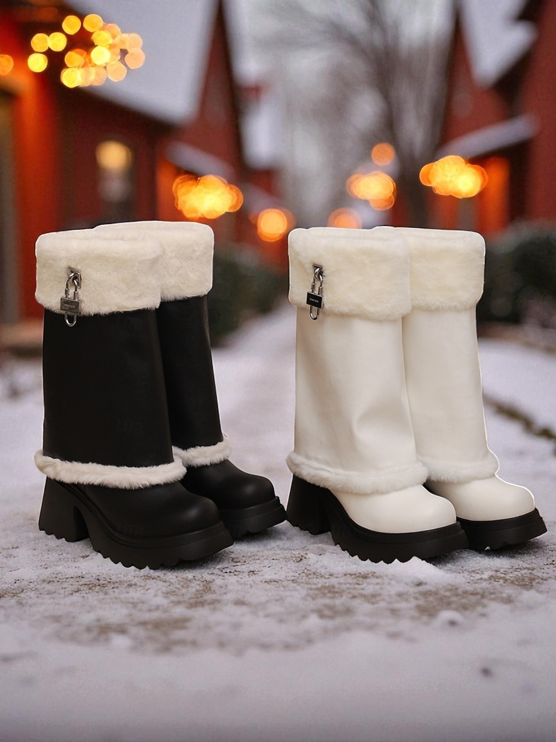 Women's Faux Leather Knee High Winter Boots with Faux Fur Trim and Block Heel - Warm Fashion Snow Boots for Ladies, Casual Streetwear, Outdoor & Holiday Outfits 2025 - CAD $89.99 –P1