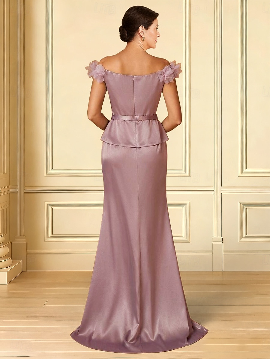 A-Linie Brautmutterkleid Elegant Schulterfrei Hofschleppe Satin Kappenärmel mit Blume 2025 - $149.99 –P2