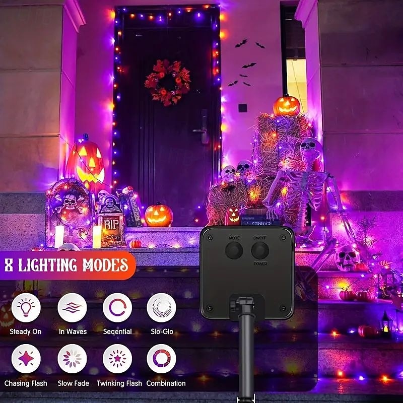 1 stuk zonne-lichtsnoer Halloween buitendecoratie IP65 waterdicht zonne-sprookjesachtige twinkelende lichtjes 8 verlichtingsmodi geschikt voor Halloween, Kerstmis, feest, boom, bruiloft, tuin, balkon, 2025 - $12.99 –P3