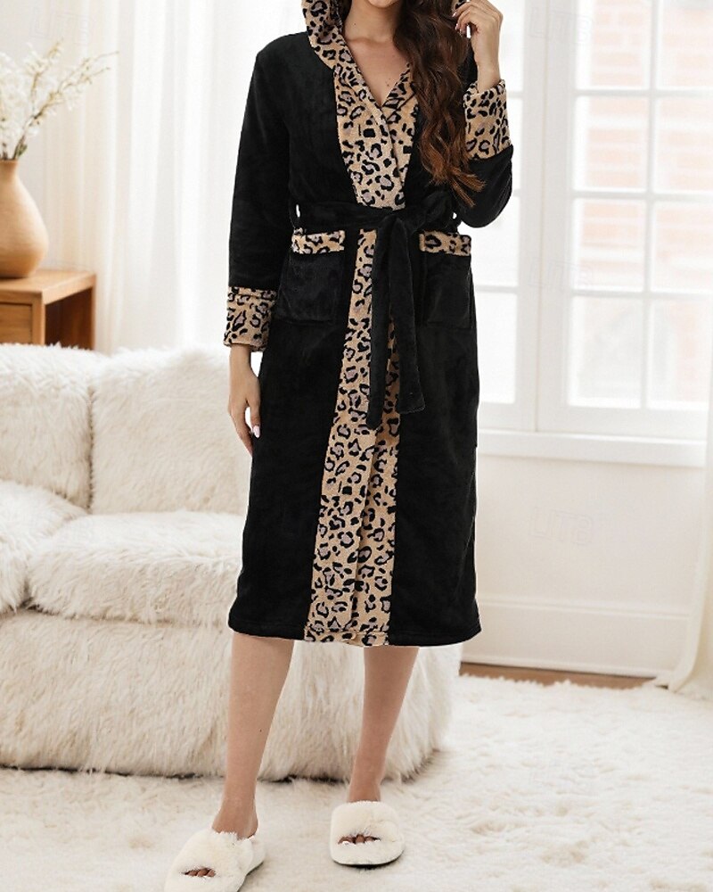 Damskie Piżama Koszula nocna Flanela Moda Codzienny Panterka Koronka Niejednolita całość Kieszeń Urlop Dom Łóżko Długi rękaw W serek Czarny Khaki Czerwona róża Jesień Zima Dopasowana 2026 - $45.99 –P9