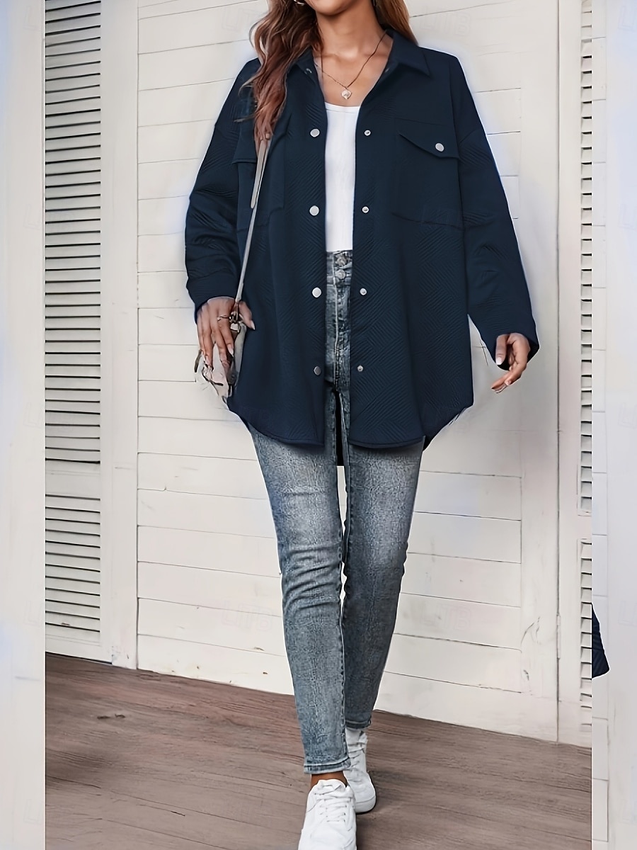 Жен. Повседневная куртка Удобный Дышащий Карман Пуговицы На каждый день Полотняное плетение Отпуск Для улицы Повседневные На каждый день Однобортный крой Длинная Отложной Свободное облегание 2026 - $35.99 –P5