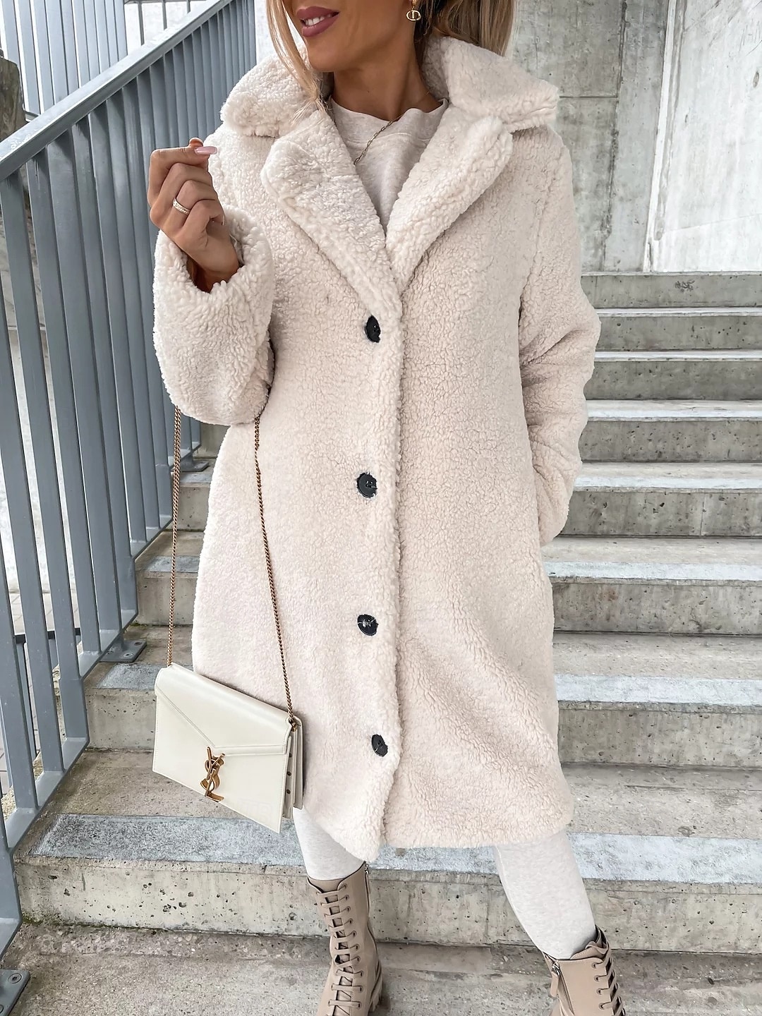 Dam Sherpajacka Bekväm Andningsfunktion Knappar Elegant Ledigt Slät Semester Gata Ledigt Dagliga kläder Enkelknäppt Lång Huva Normal Långärmad Ytterkläder Brun Kaki Beige Vår Höst 2025 - $34.99 –P2