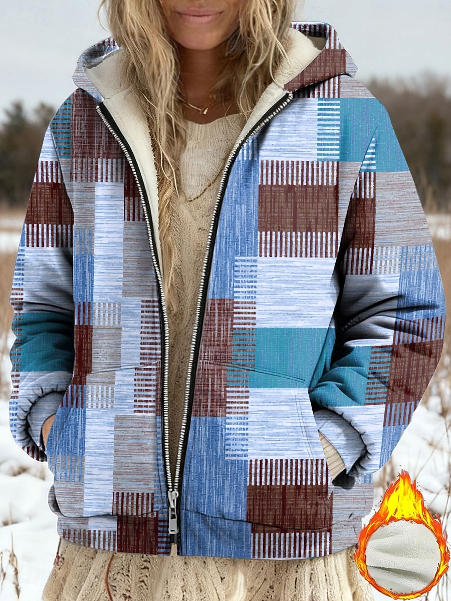 Casaco de Inverno Feminino Jaqueta de Fleece Forrado com Fleece Jaqueta Casual Quente Bolso com Zíper Impressão Moda Casual Geométrica Rua Casual Ajuste Regular Capuz Manga Longa Roupas Externas de 2025 por $47.99 –P4