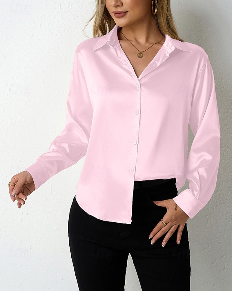 Mulheres Camisa Social Elegant Elegante Top de cetim Botões Côr Sólida à moda Casual Manga Longa Colarinho de Camisa Tops regulares Diário Para Noite Rosa Vinho Bege Rosa cor de Rosa Primavera Outono de 2026 por $27.99 –P1