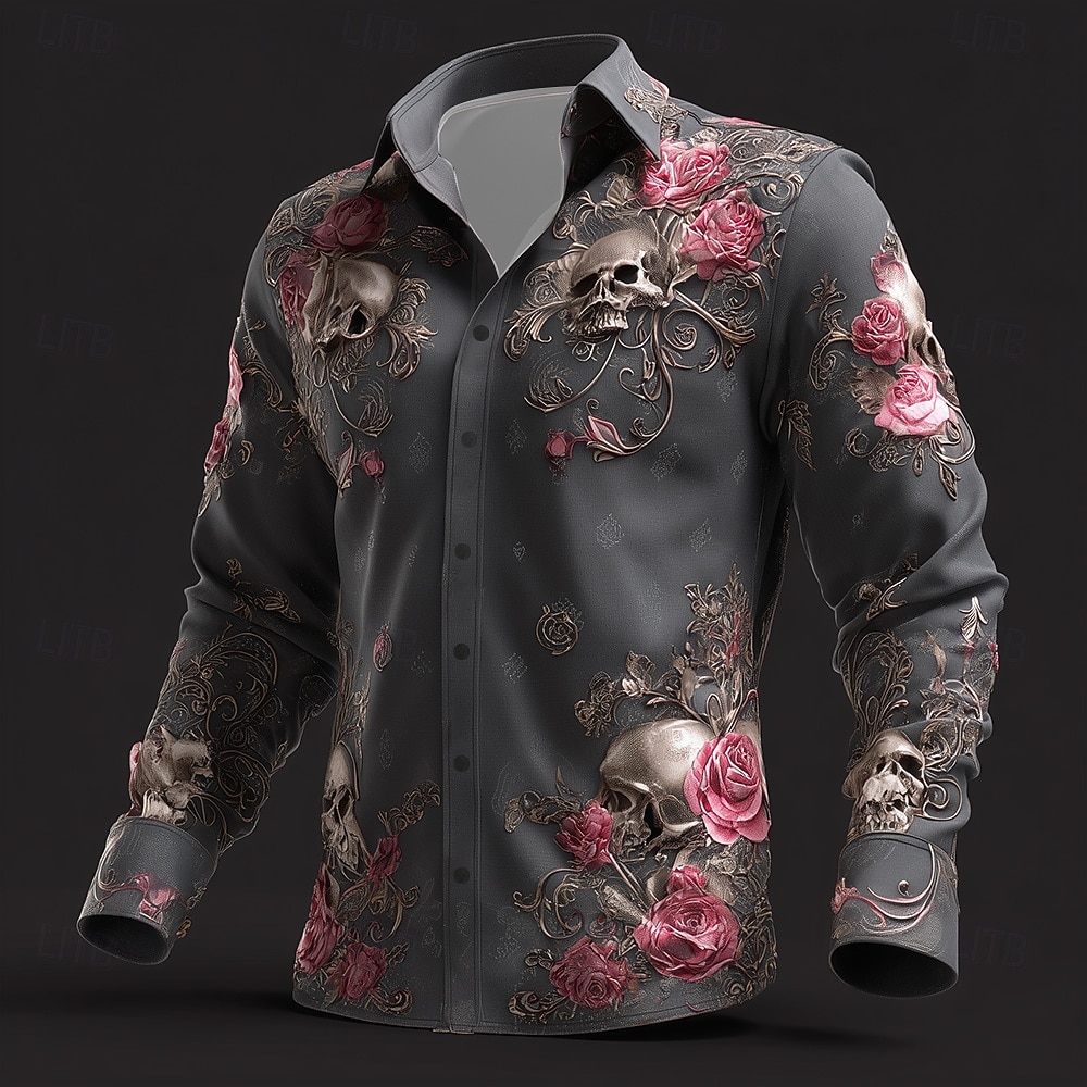 Bărbați Imprimeu floral Ziua morților Cranii Cămașă Camașă cu nasturi Manșon Lung Punk întunecat gotic În aer liber Concediu Primăvară Toamnă Răsfrânt Imprimare 3D Cămașă de in Negru 1 Negru Negru 2 2026 - $27.99 –P3