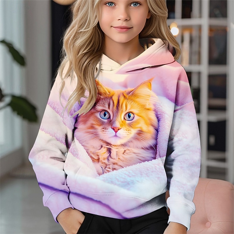 2026年 女の子 3D 猫 パーカー 長袖 秋 冬 ファッション 愛らしい ベーシック 子供 4〜12年 フード付き アウトドア カジュアル 日常 レギュラー  コレクション – $18.99 –P2