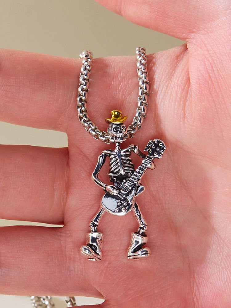 Collar con colgante de guitarra y calavera de Halloween para hombre, cadena de metal estilo rock punk, ideal para fiestas, conciertos y vida nocturna. 2025 - $9.99 –P2