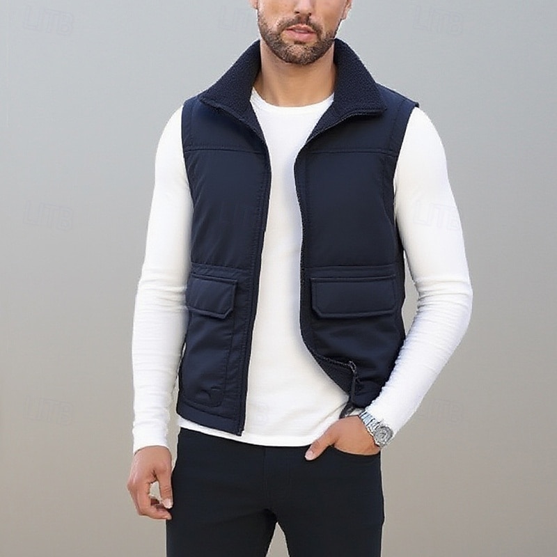 Herren Weste Gilet Angelweste Urlaub Täglich Date Mode Lässig Herbst Winter Tasche Polyester Warm Bequem Einfarbig Reisverschluss Stehkragen Normale Passform Schwarz Khaki Dunkelblau Grau Weste 2025 - $36.99 –P9