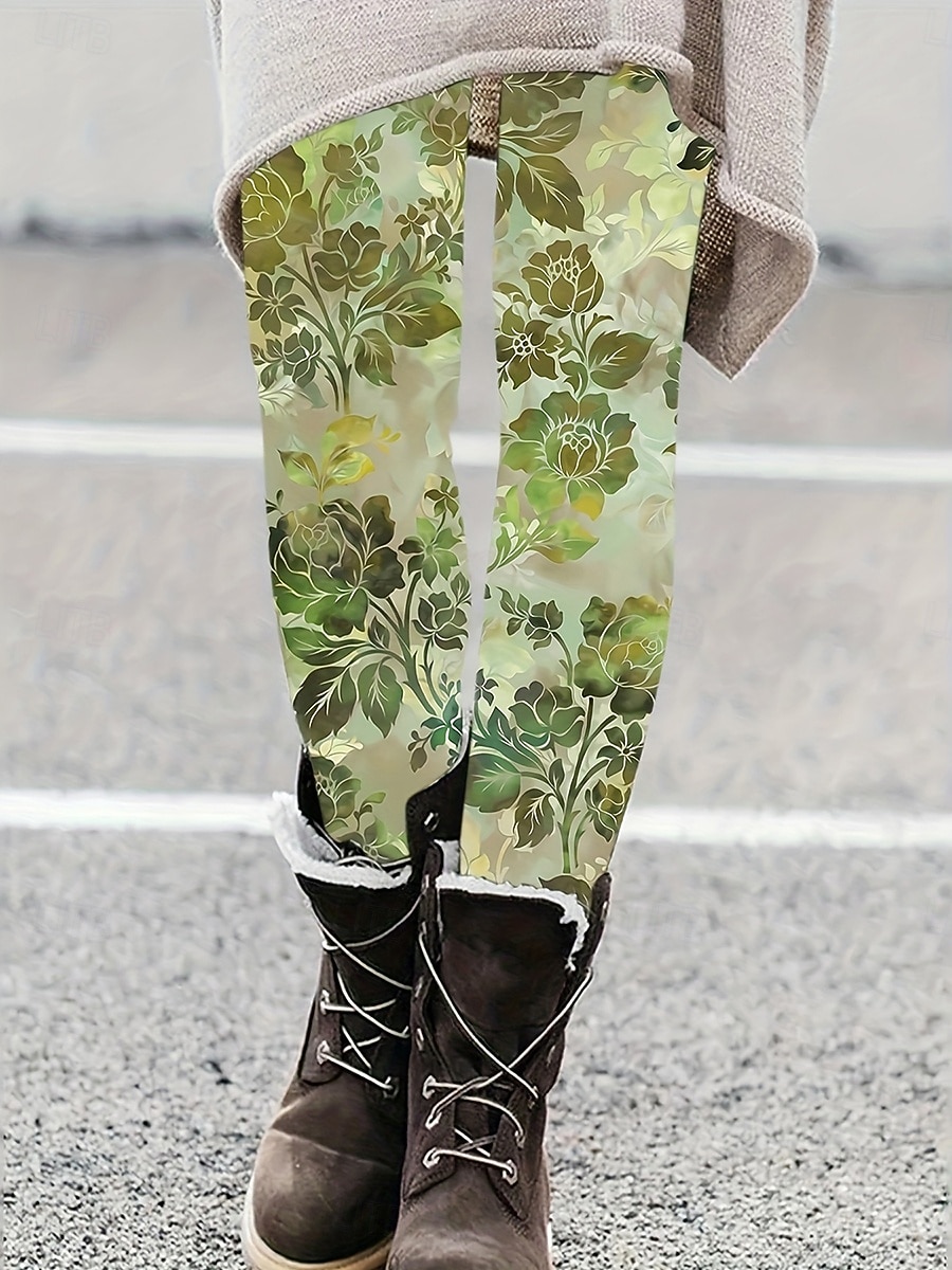 Mulheres Leggings Vintage Moda Roupa de rua Comprimento total Cintura Alta Floral Gráfico Estampado Térmico / Quente Macio Respirável Com Stretch Férias Rua Preto Amarelo Laranja Verde Primavera de 2026 por $21.99 –P3