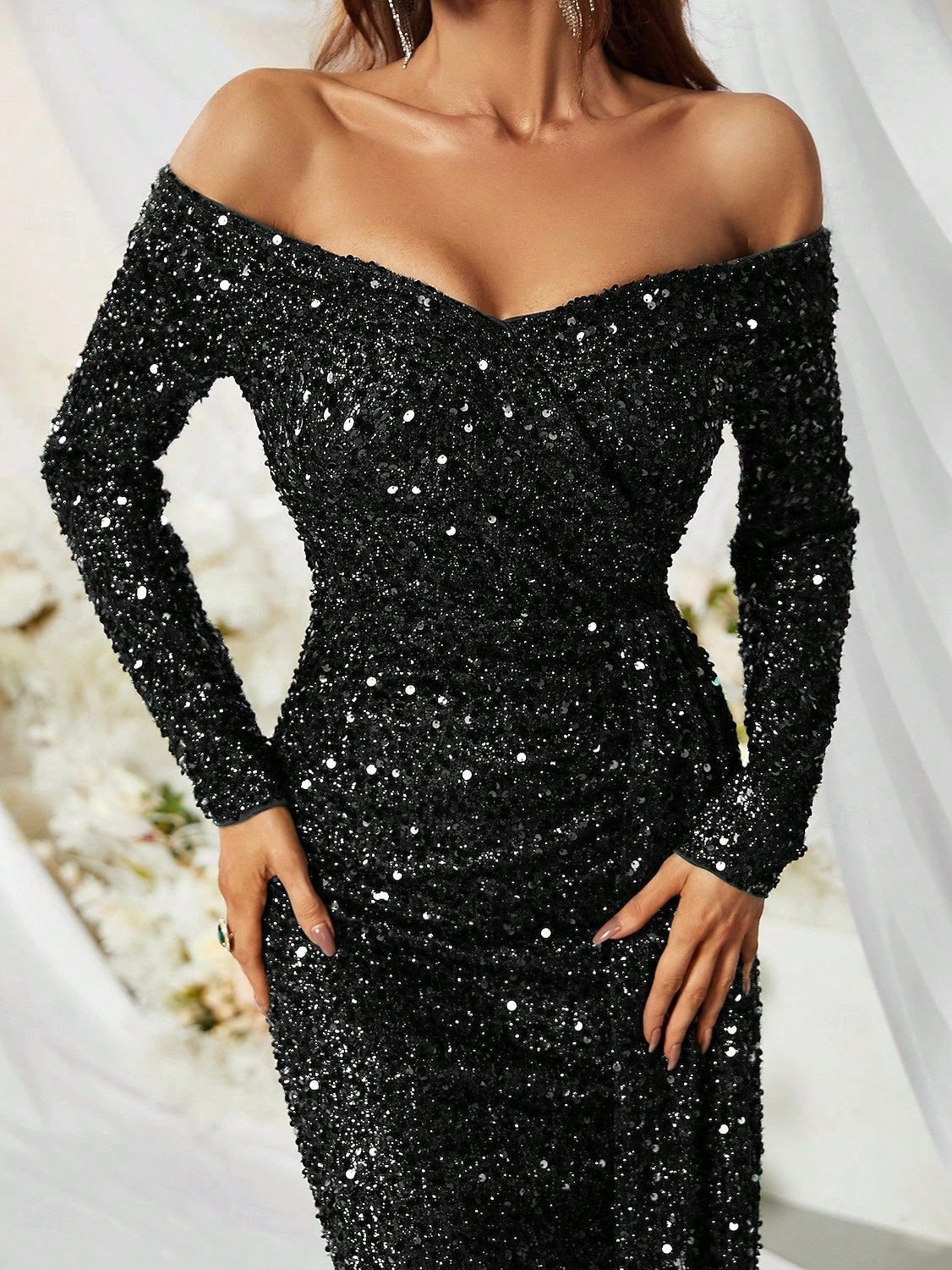 Sereia Vestidos de noite Elegante Traje formal Formal Casamento Cauda Escova Manga Longa Ombro a Ombro Renda com Pregas Franzido 2025 de 2025 por $164.99 –P2