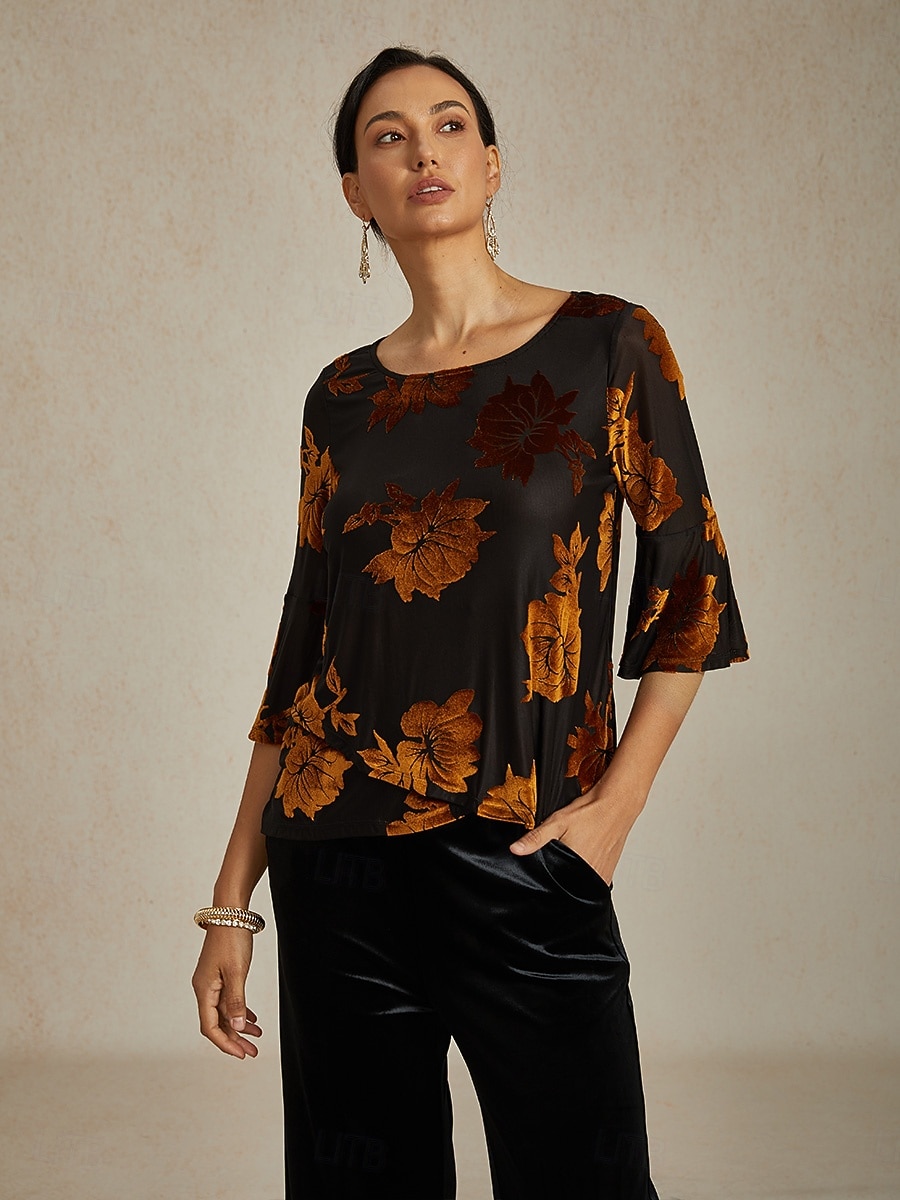camicetta da donna elegante top in velluto floreale elegante casual girocollo top normali da invitata a nozze quotidiano marrone autunno inverno del 2025 a $59.99 –P5