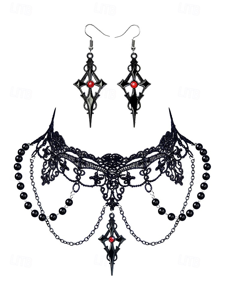 Zestaw damski naszyjnik i kolczyki w stylu gotyckim z koronką na Halloween – czarna koralikowa biżuteria wampirza na imprezę kostiumową i cosplay 2025 - $11.99 –P5
