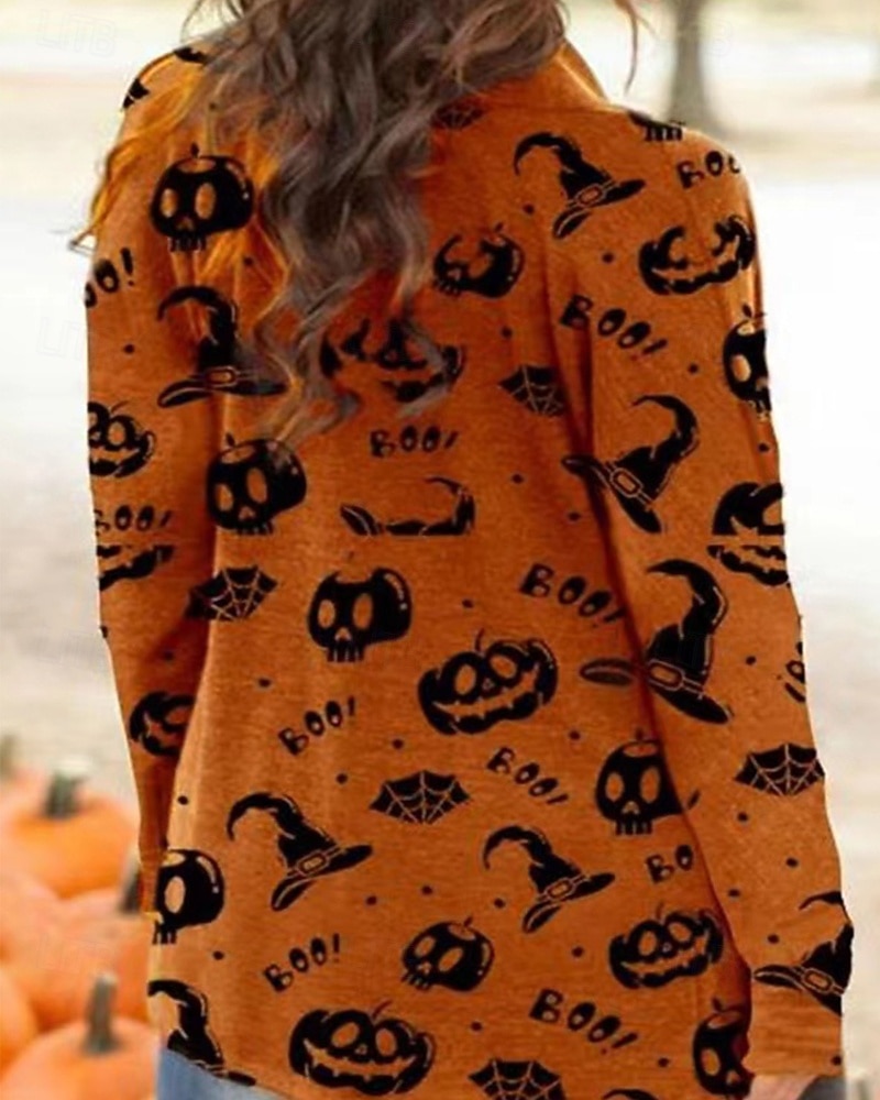 Dame Vinterfrakk Hold Varm Bekvem Trykt mønster Fritid Halloween Hodeskaller Halloween Ut på byen Helg Cardigan Normal V-hals Normal Langermet Yttertøy Oransje Lysegrå Mørkegrå Høst Vinter 2025 - $22.99 –P4