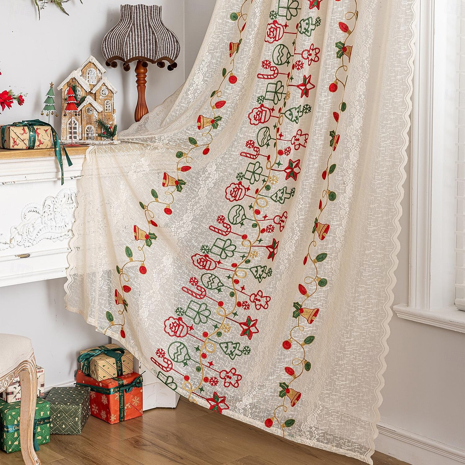 Julbroderade utskurna gardiner, julgardiner för vardagsrum och sovrum, färdiga i europeisk-amerikansk stil 2025 - $9.49 –P9