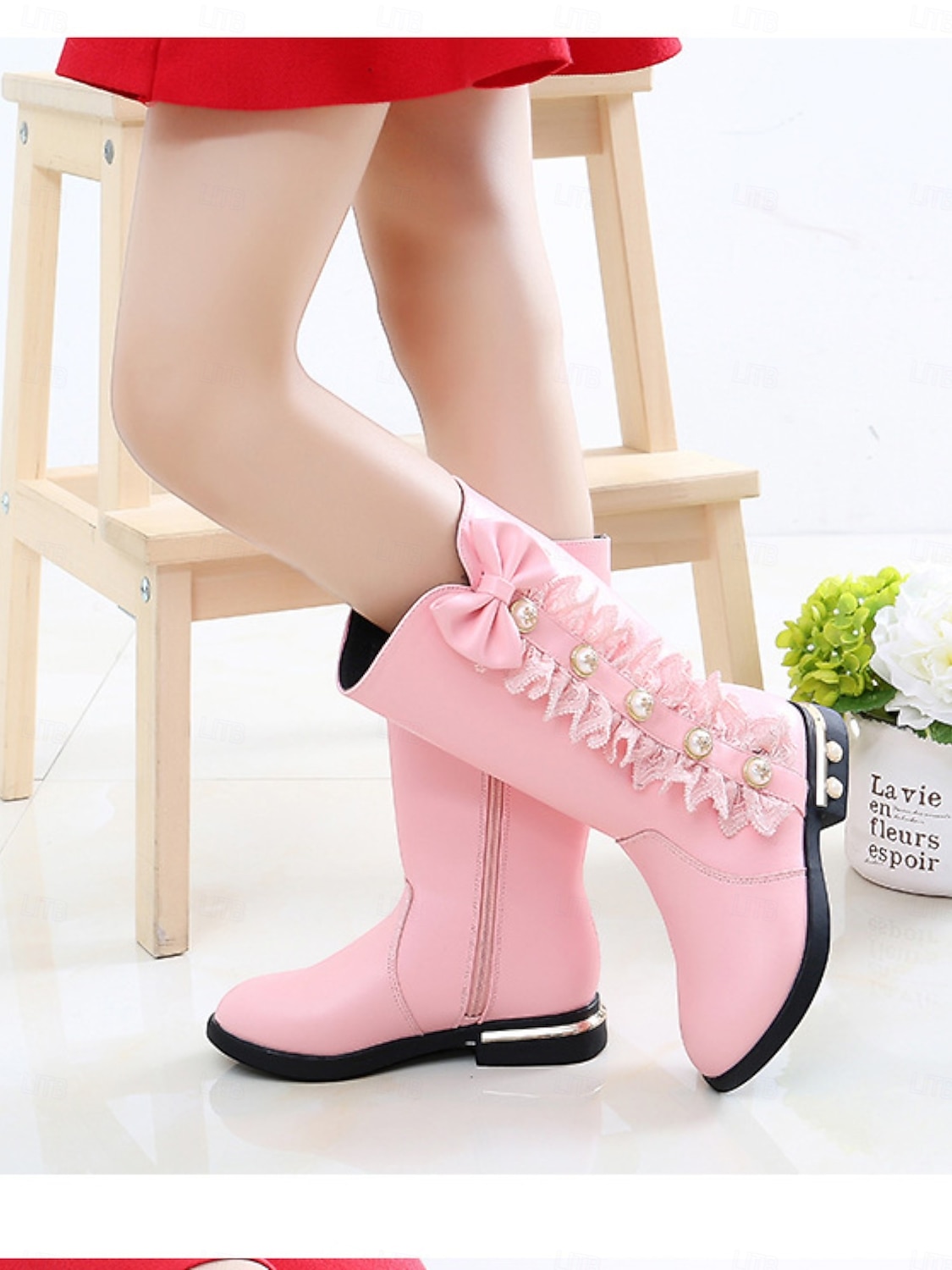 Rode kniehoge laarzen voor meisjes met strik en kantversiering - elegante schoenen met parelknoop voor kerstfeestjes voor kinderen, vakantie-outfits 2025 - $32.99 –P4