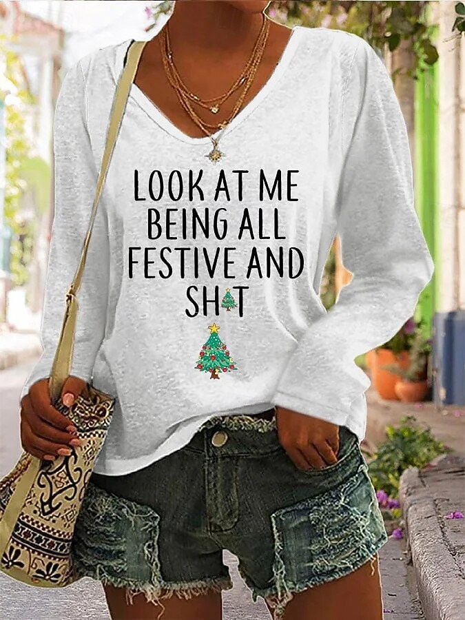 Noël Femmes T-shirt Graphique Arbre de Noël Lettre ancien Élégant Classique manche longue Col en V Hauts Réguliers Quotidien Imprimé Noir Blanche Rose Claire Rouge Vert Printemps Automne Hiver de 2025 ? $10.99 –P3