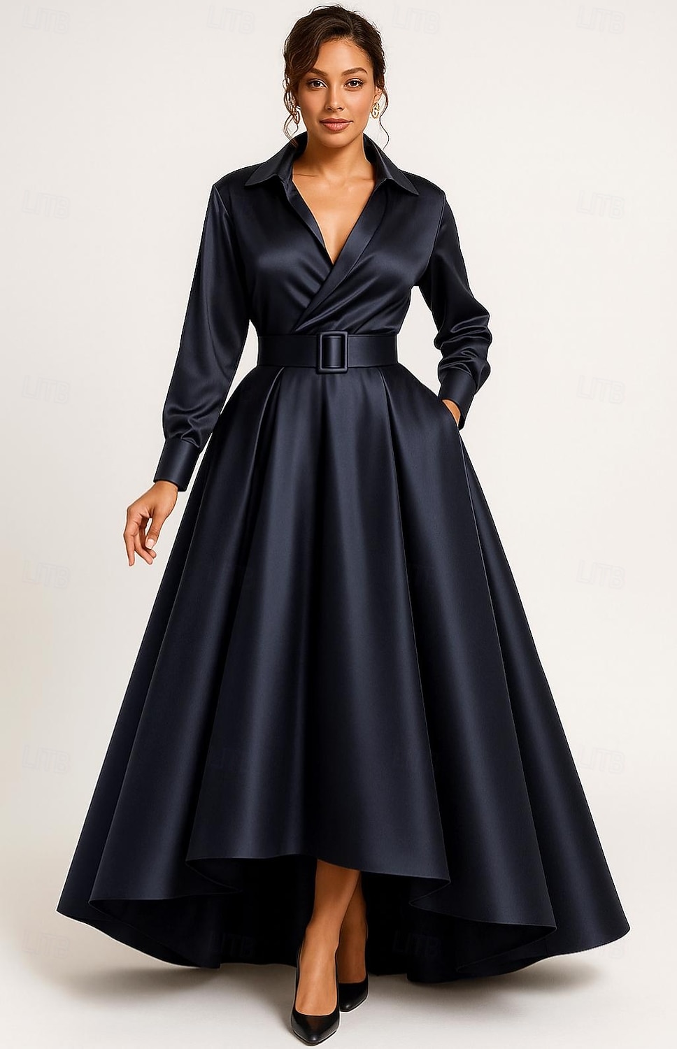 Linea ad A Asimmetrico Lunghezza al pavimento Abito da invitata a nozze Abito Formale Abito svasato Abito da cerimonia per signora Manica Lunga Colletto a Camicia Elegante Vintage Formale Raso con del 2026 a $172.99 –P1