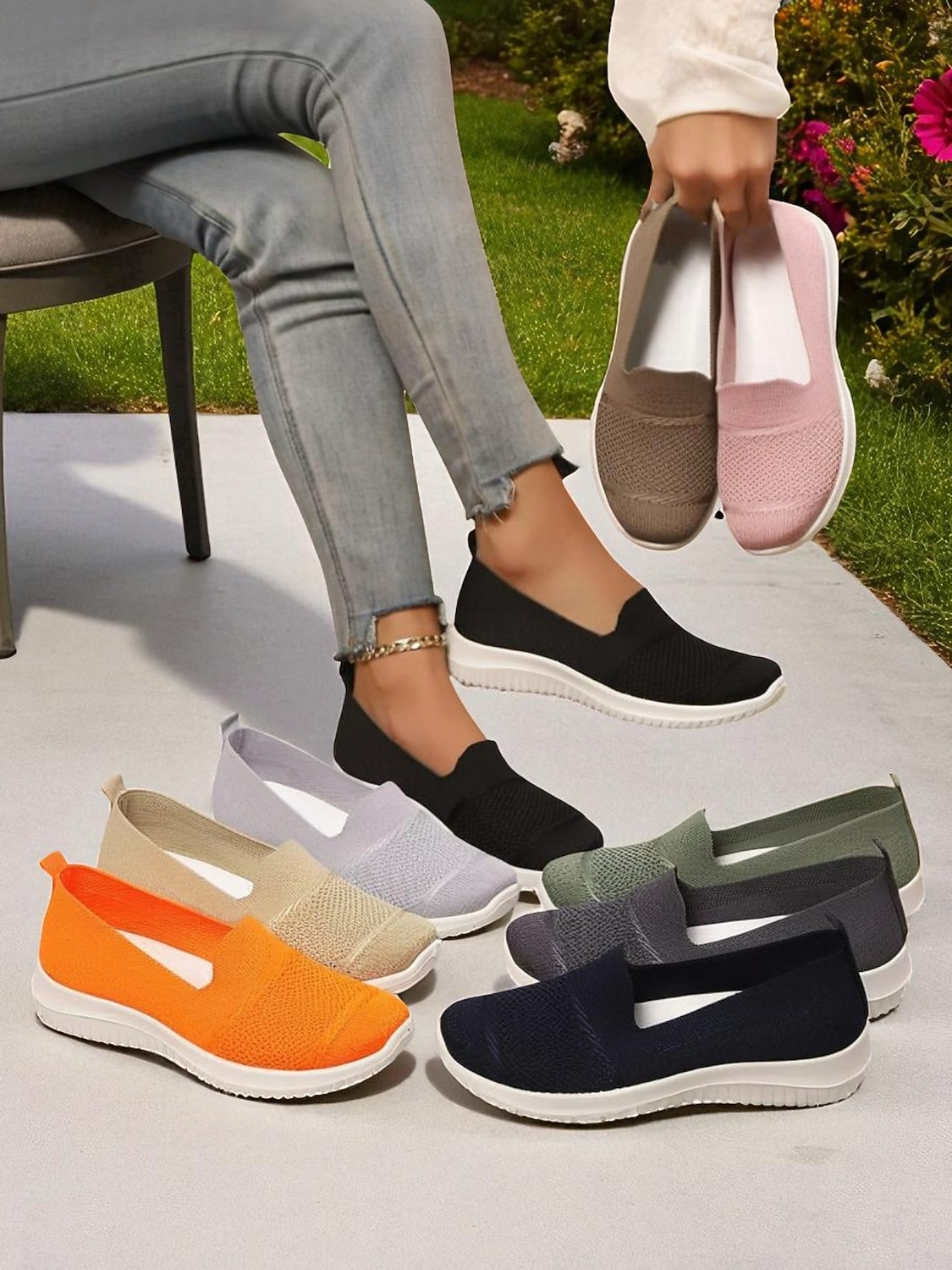 Tênis femininos Flyknit slip-on laranja brilhante – calçados leves e respiráveis para caminhada, uso casual diário e viagens de 2026 por $19.99 –P1