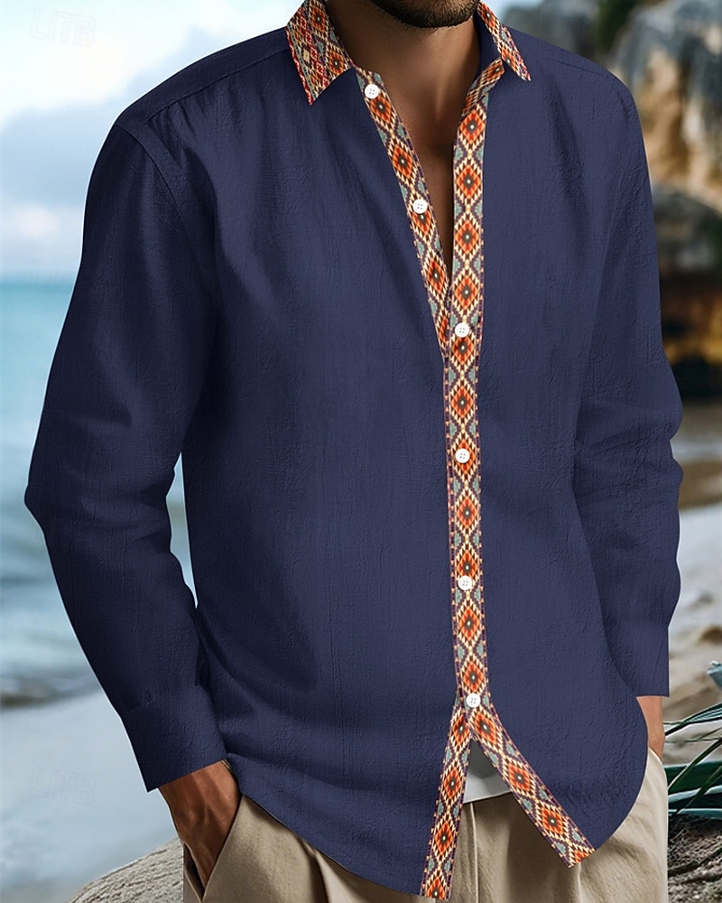 Herren Hemd Sommerhemd Freizeithemd Strandhemd Knopfhemd Schwarz Weiß Marineblau Kaki Leicht Blau Langarm Argyle Revers Urlaub Hawaiianisch Patchwork Bekleidung Leinen Mode Lässig Bequem 2025 - $22.99 –P16