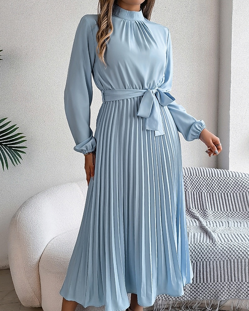 Mulheres Vestido midi vestido de cetim Vestido de festa Vestido Coquetel Vestido franzido Elegante Moderno Festa de Noite Festa Encontro Normal Tecido Manga Longa Colarinho Chinês Preto Rosa Vinho de 2026 por $31.99 –P6