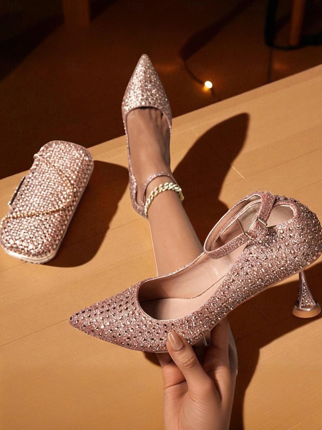 Women's Green Rhinestone Heels and Matching Clutch Bag Set - Elegant Pointed Toe Pumps with Ankle Strap for Formal Events and Cocktail Parties 2025 - $99.99 –P4