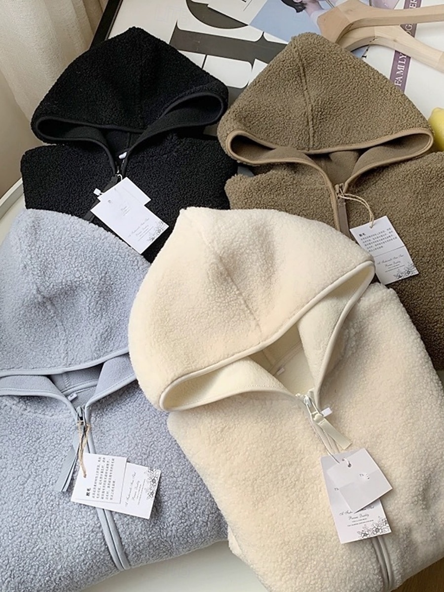 Mulheres Jaqueta sherpa Jaqueta casual Casaco com capuz Confortável Respirável Zíper Casual Tecido Férias Rua Casual Roupa Diária Zíper Padrão Com Capuz Normal Manga Longa agasalhos Azul Claro Preto de 2025 por $36.99 –P1