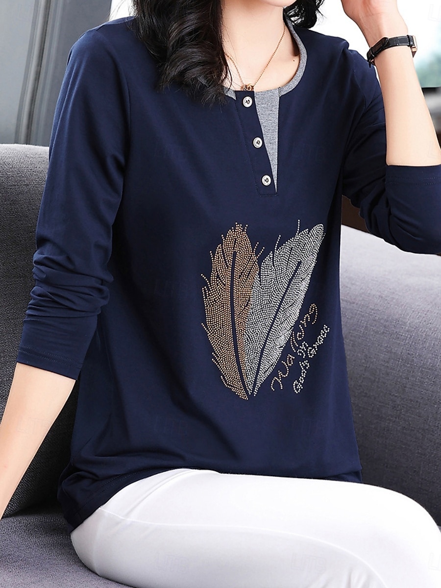 Damen Bluse Feder Stilvoll Lässig Langarm Rundhalsausschnitt Normale Oberteile Täglich Patchwork Salbeigrün Schwarz Rosa Rote Königsblau Frühling Herbst 2025 - $12.99 –P3