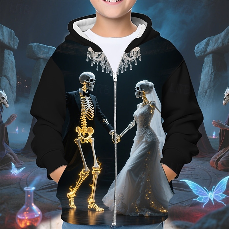 Halloween Pojkar 3D Dödskalle Huvtröja Kappa Ytterkläder Långärmad Vår Höst Förtjusande Sport Barn 4-12 år Blixtlås Gata Dagligen Normal 2025 - $18.99 –P1