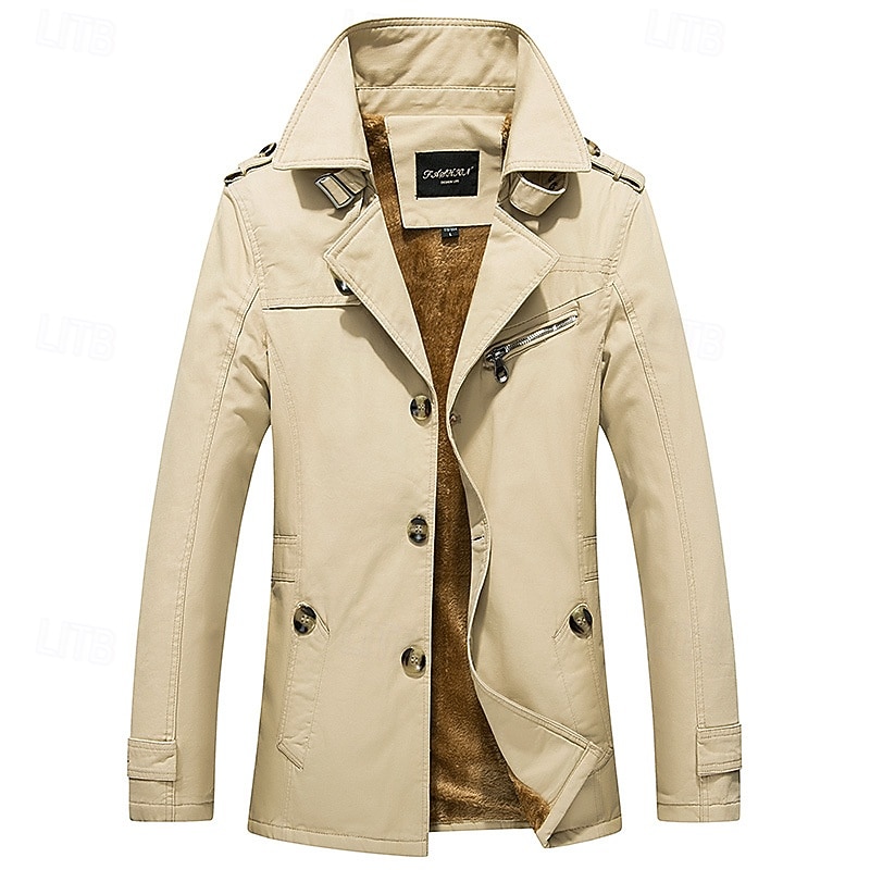 Herr Fleece-jacka Peacoat Trenchcoat Semester Dagligen Höst Vinter 100 % bomull Håller värmen Ytterkläder Kläder Mode Klassisk Slät Ficka Kavajslag Enkelknäppt 2025 - $48.99 –P1