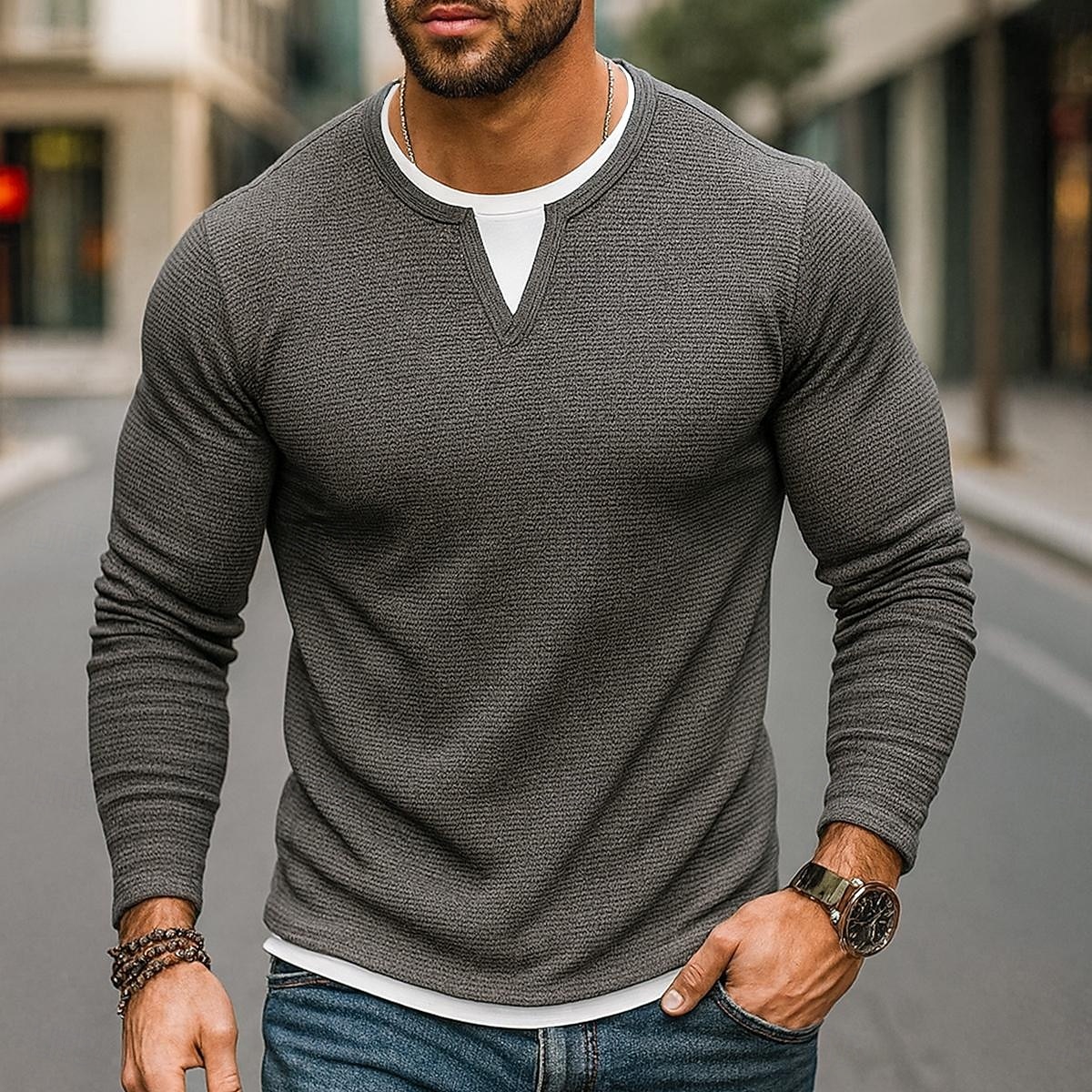 Pánské Vaflové tričko Tričko Waffle Henley košile Dlouhý rukáv Tričkový Do V Celý rok Pevná barva Tradiční a retro Na běžné nošení falešný dva kusy Ležérní Domů Venkovní Fialová Top tričko pro muže 2026 - $25.99 –P6
