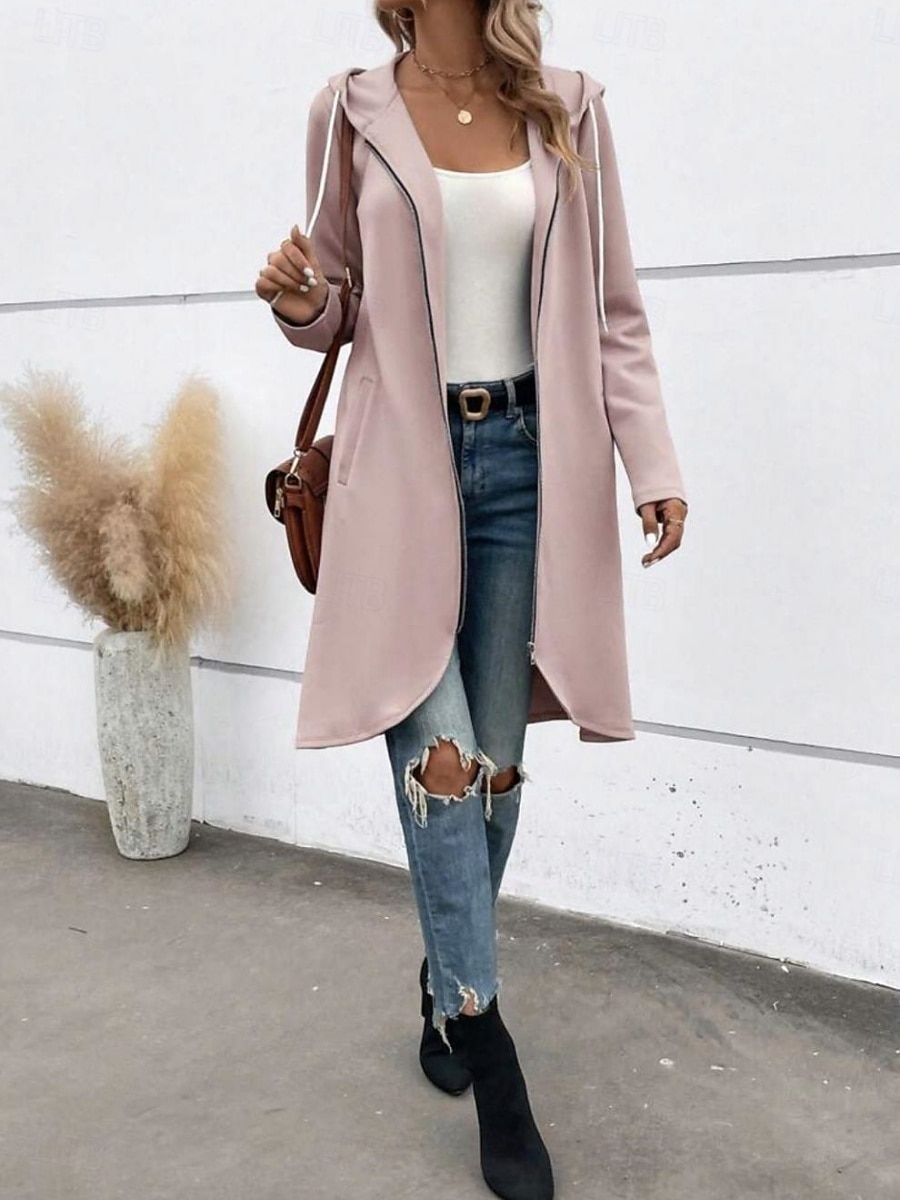 Dam Vardaglig jacka Hoodiejacka Bekväm Andningsfunktion Dragkedja Ficka Ledigt Slät Semester Gata Ledigt Dagliga kläder Dragkedja Lång Huva Normal Långärmad Ytterkläder Svart Rodnande Rosa Grå Vår 2025 - $27.99 –P3