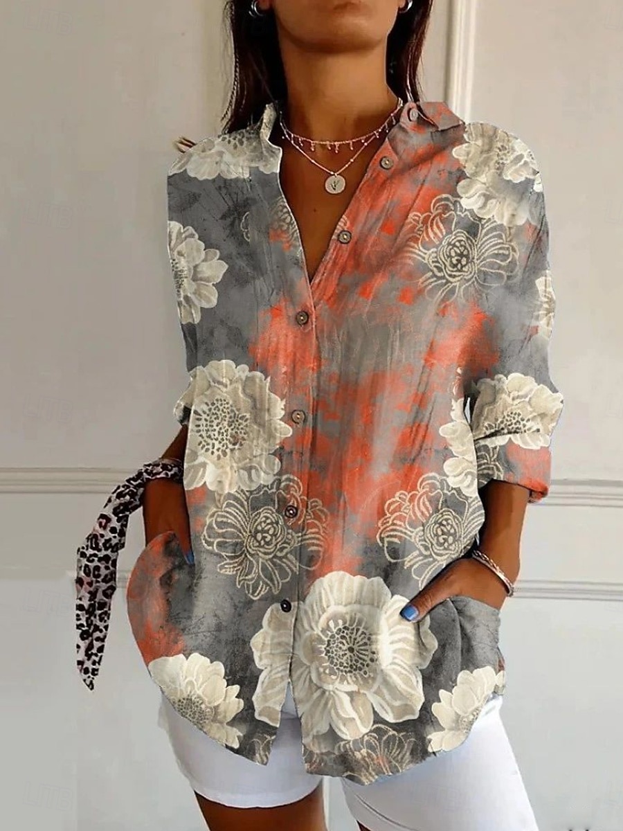 Camicia da donna in lino simile traspirante leggera grafica floreale vintage quotidiana casual a maniche lunghe colletto top regolari da indossare quotidianamente stampa bianca e nera nera viola del 2026 a $36.99 –P3