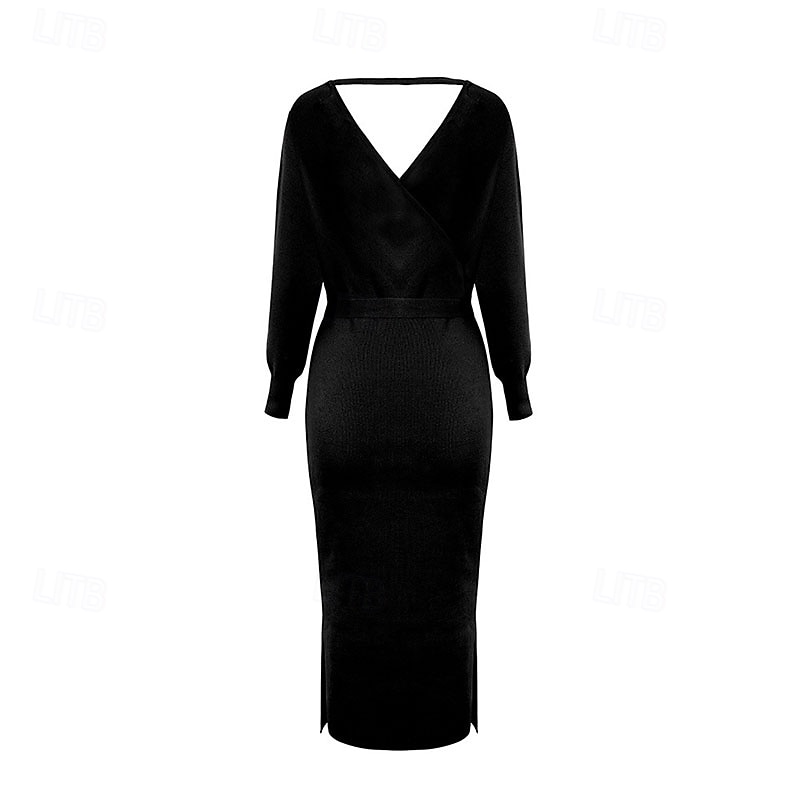 Dámské Midi šaty Svetrové šaty Pletené šaty Elegantní Módní Moderní Netopýří rukávy Dovolená Denní Jdeme ven Běžný Bez vzoru Dlouhý rukáv Do V Černá Rubínově červená Khaki Šedá Podzim Zima 2025 - $41.99 –P5