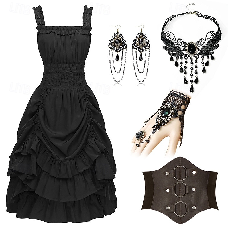 Gotisch Renaissance Steampunk Kleid Zubehörset Gothic Mädchen Kostüm Damen Fantasie Halloween Karneval Leistung Party Renaissance-Messe Erwachsene Kleid Ohrringe Halskette 2025 - $59.99 –P1