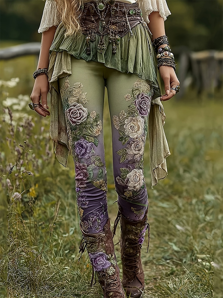 Damen Stoffhosen Leggings Gemütliche Leggings Urlaub Vintage Streetwear Volle Länge Natürliche Taille Blumen Grafik Blume Bestickt Tasche Elastischer Bund Bequem Außenbereich Outdoor Streetwear Urlaub 2026 - $21.99 –P1