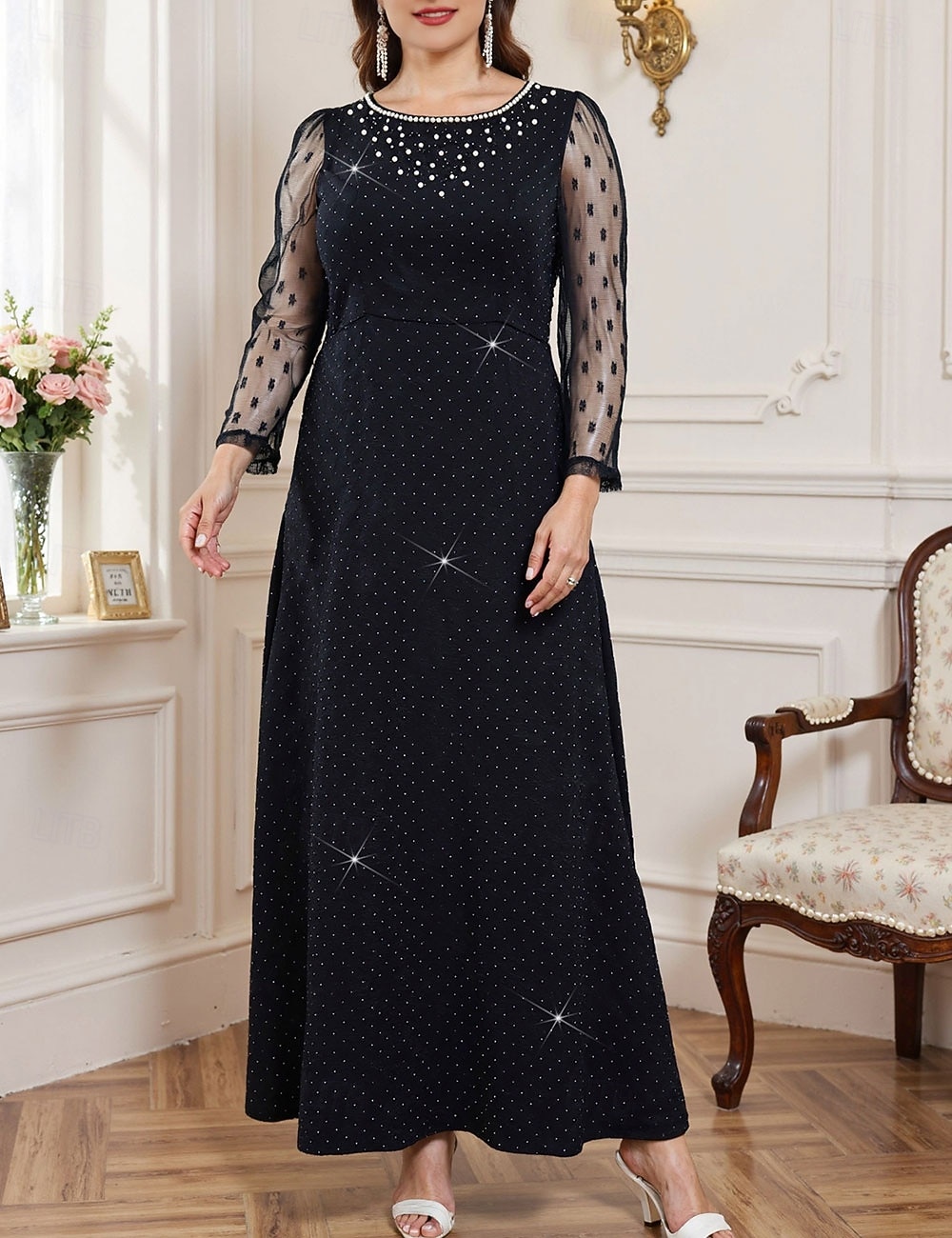 A-Linie Brautmutterkleid Übergröße Glanz & Glamour Rundhalsausschnitt Knöchellänge Chiffon Polyester Langarm mit Perlen 2025 - $74.99 –P5