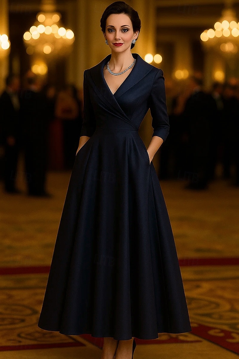 Linha A Até o Tornozelo Vestido de festa Vestido Coquetel Vestido de convidada de casamento Vestido Para Mãe dos Noivos Manga 3/4 Decote V Colarinho de Camisa Elegante Vintage Formal Cetim Elástico de 2026 por $172.99 –P1