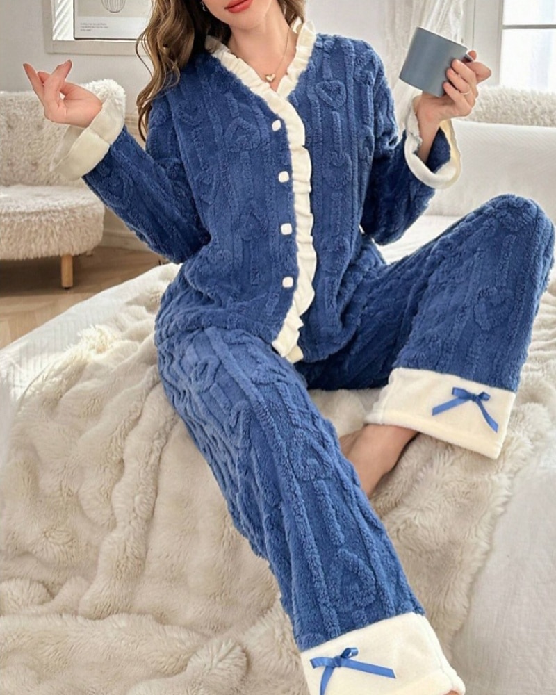 Mujer Pijamas Ropa de salón Conjunto pijama 2 Piezas Confort Suave Retazos Cintura elástica Botones Pantalón Hogar Diario Cama Manga Larga Escote en Pico Azul Oscuro Otoño Invierno 2025 - $31.99 –P2