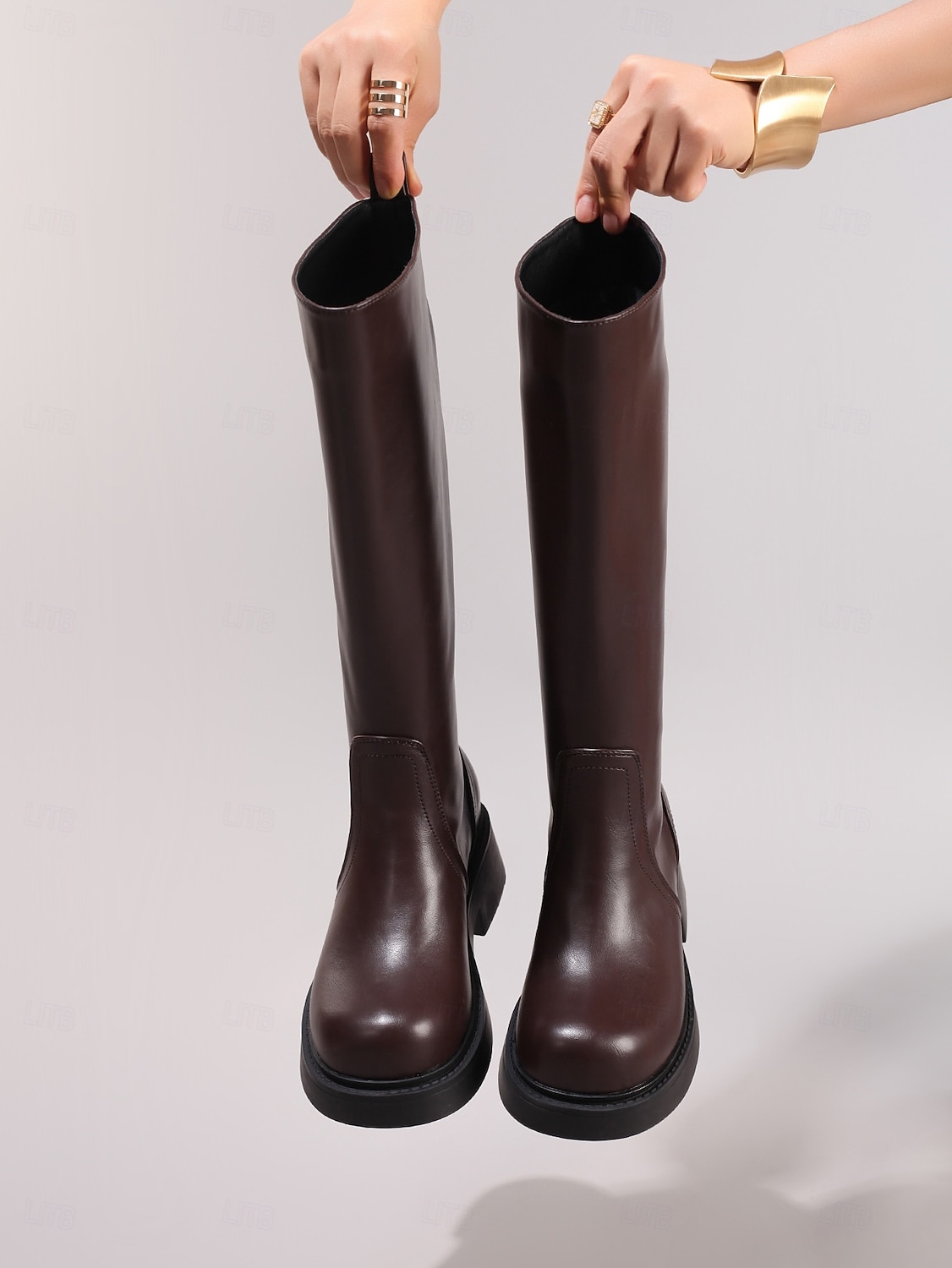 2025年 女性用ブラウンニーハイフェイクレザーブーツ - 秋のファッション、学校、アウトドアに最適なモダンスタイルのローヒール乗馬ブーツ  コレクション – $54.99 –P5