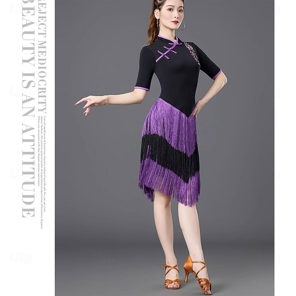 2026年 ラテンダンス ドレス タッセル スプライシング 女性用 性能 訓練 半袖 ハイウエスト スパンデックス  コレクション – $125.99 –P3