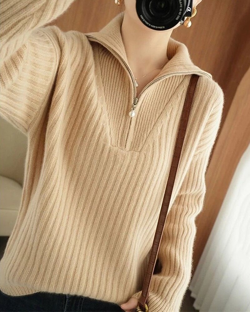 Damen Pullover Mode Basic Lässig Einfarbig Gerippt Halber Reißverschluss Reißverschluss Gestrickt Langarm Normale Oberteile Stricken Outdoor Täglich Wochenende Khaki Herbst Winter 2025 - $31.99 –P1
