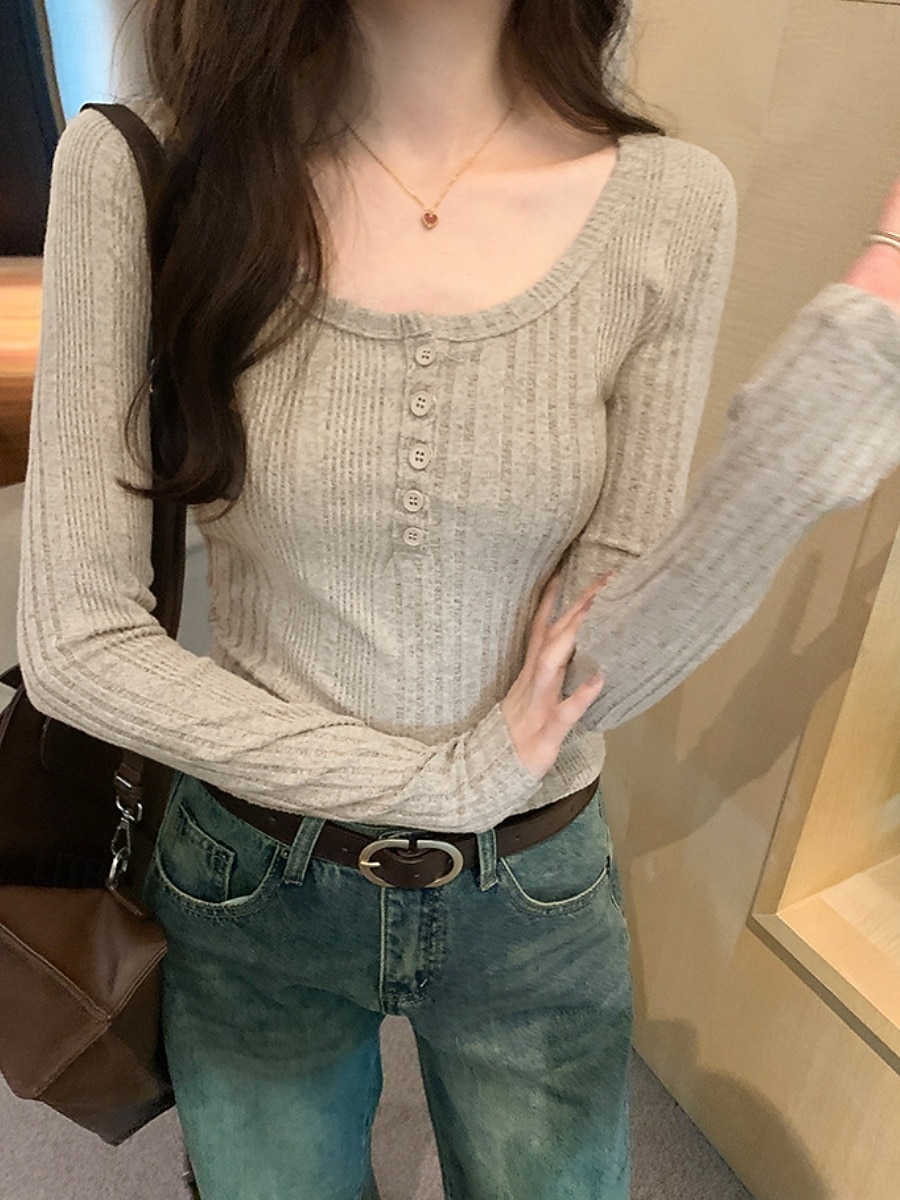 Damen Bluse Knöpfe Einfarbig Stilvoll Lässig Langarm Rundausschnitt Normale Oberteile Täglich Marineblau Dunkelgray Grau Frühling Herbst Winter 2026 - $21.99 –P3