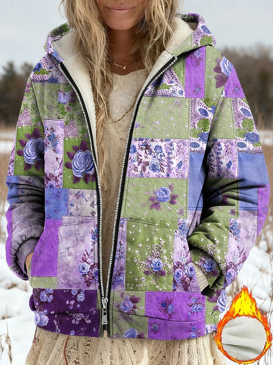 Dame Vinterfrakk Fleece-jakke Uformell jakke Hold Varm Glidelås Lomme Trykt mønster Mote Fritid Blomstret Gate Avslappet Normal Hettegenser Løstsittende Langermet Yttertøy Blå Lilla Grønn Vår Høst 2025 - $47.99 –P2