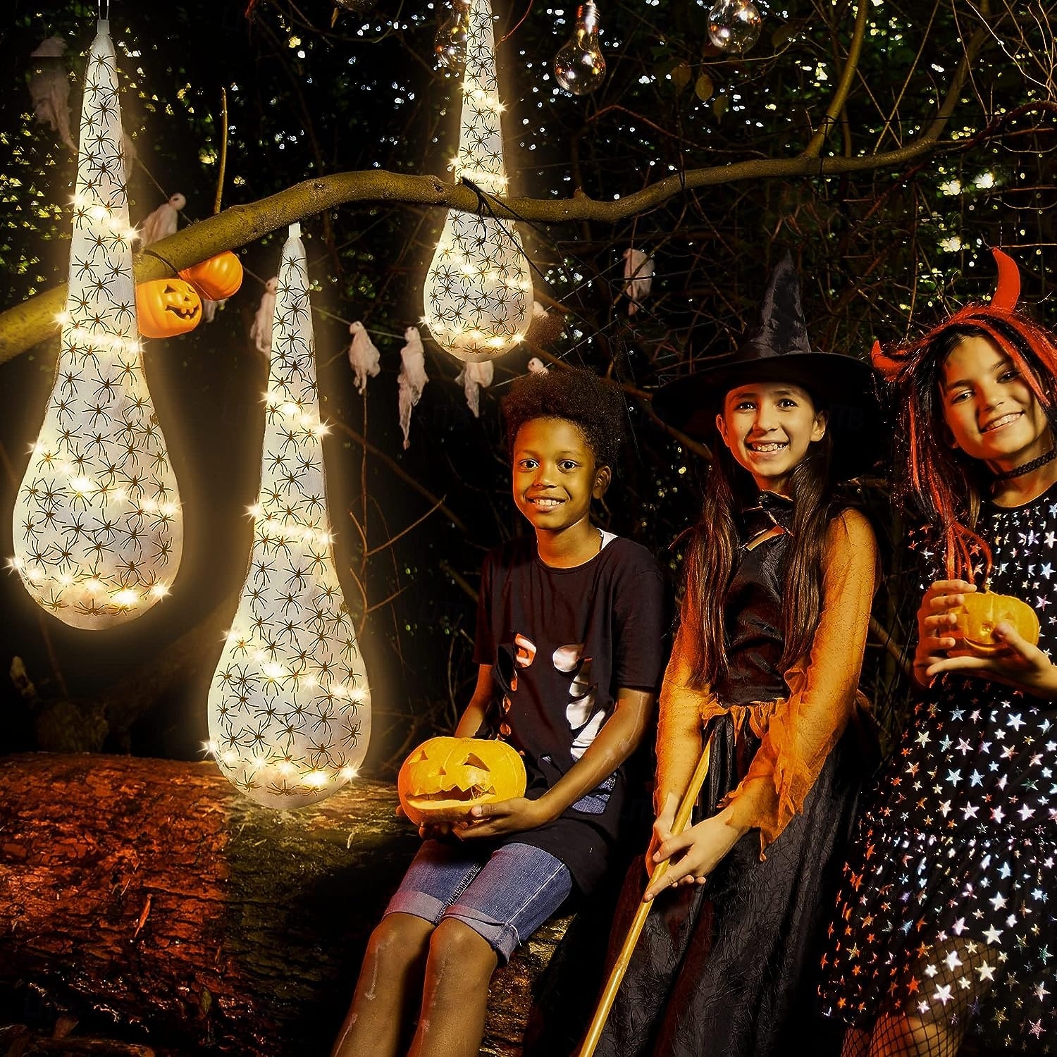 Zestaw 3 wiszących, podświetlanych jajek pająka, dekoracja na Halloween, duże woreczki z pająkiem i pajęczyną na Halloween z lampkami solarnymi, rekwizyty w kształcie pająka na imprezę Halloween w pomieszczeniach i na zewnątrz 2025 - $15.99 –P5