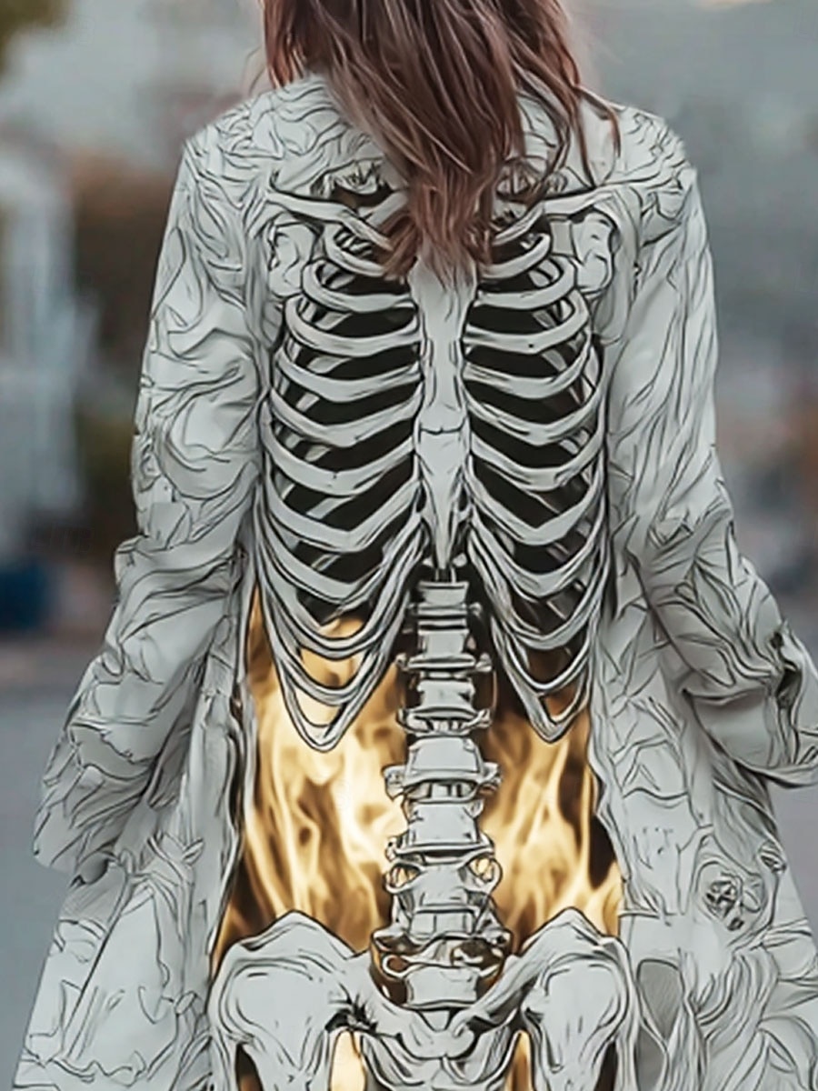 Damski płaszcz szkieletowy lekkie wygodne z nadrukiem vintage artystyczny casual czaszka casual długi bez kołnierza regularny krój długi rękaw odzież wierzchnia biała wiosenna jesienna 2026 - $28.99 –P2