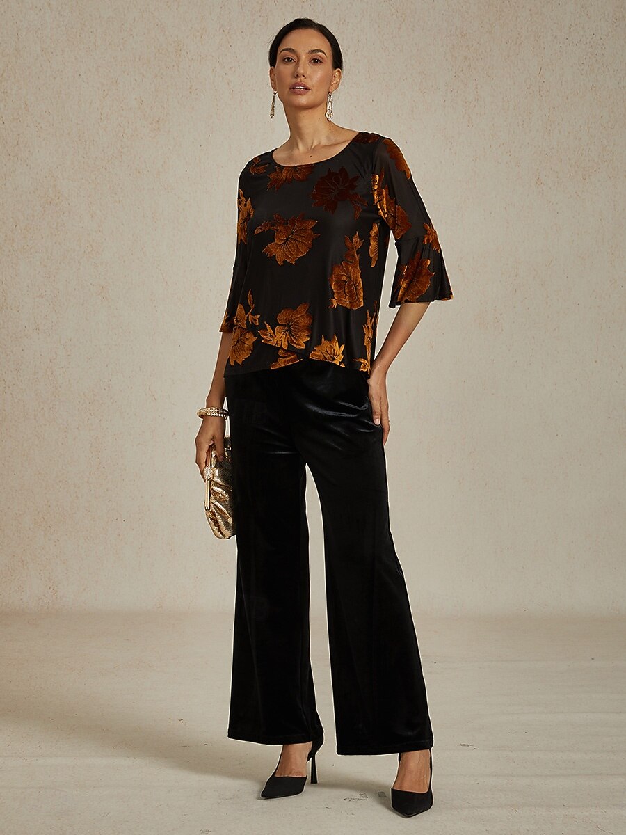 camicetta da donna elegante top in velluto floreale elegante casual girocollo top normali da invitata a nozze quotidiano marrone autunno inverno del 2025 a $59.99 –P8